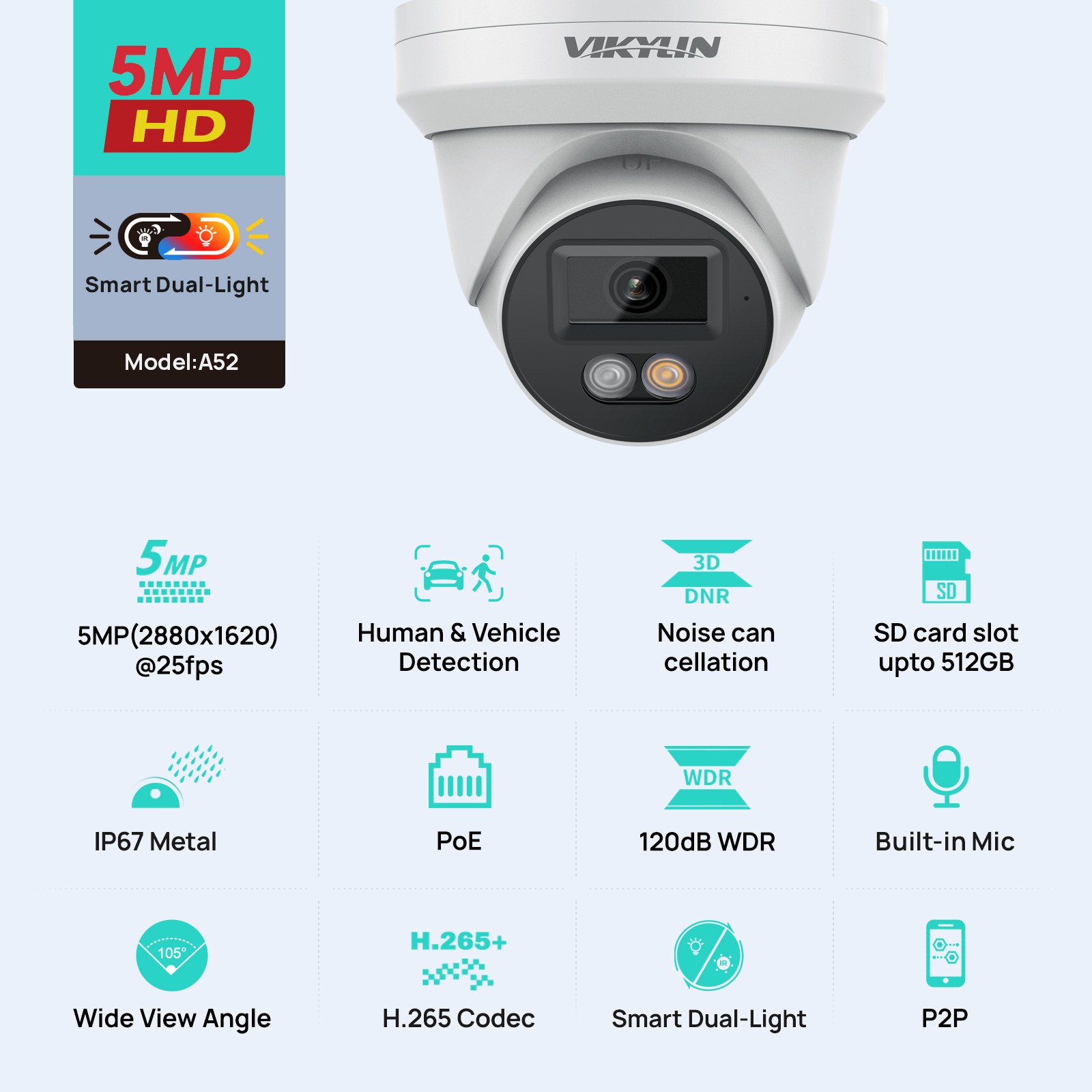Smart Home Microsoft - VIKYLIN 5MP IPセキュリティカメラ、デュアルスマートライト、オーディオ、PoE、人間・車両検知、ONVIF、IP67、屋外監視カメラ